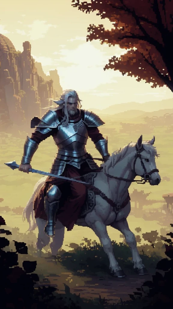 (Pixel art: 1.2), firm stance, combat stance, Focus on (Middle Earth, Knight charging into battle on horseback, wielding a sword and dressed in a black cloak with left shoulder armor, Don, Short, Solid, Face diamond-shaped, light skin, platinum white hair, red eyes with white flecks, narrow nose, full lips, receding chin, extended goatee, shoulder length, side part, a lush desert city, Tolkien) fighting (Beholder) , in a mystical swamp, where will-o'-the-wisps lead travelers