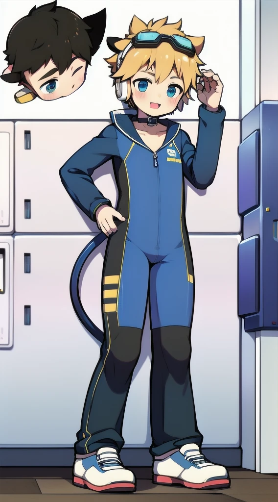 Two-dimensional boy,One-piece mountaineering suit,trumpet,Cow ears,Put the headphones on your head,stand up,goggles,sports shoes,Slim,Happy,Sailor collar