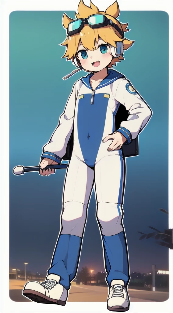 Two-dimensional boy，One-piece mountaineering suit，trumpet，Cow ears，Put the headphones on your head，stand up，goggles，sports shoes，Slim，Happy，Sailor collar
