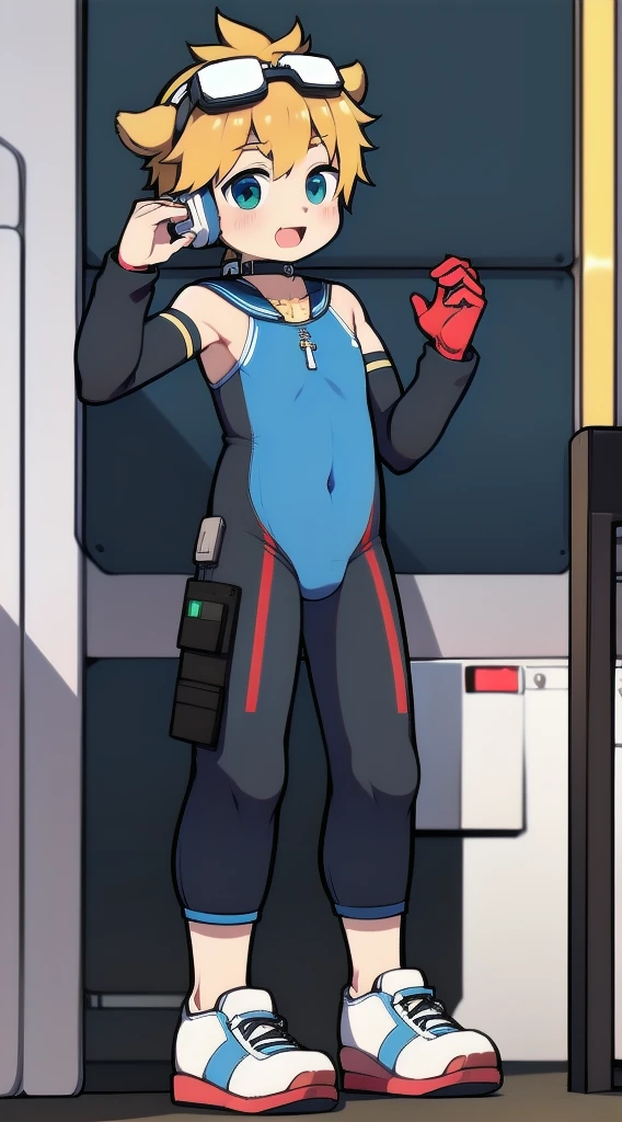 Two-dimensional boy，One-piece mountaineering suit，trumpet，Cow ears，Put the headphones on your head，stand up，goggles，sports shoes，Slim，Happy，Sailor collar