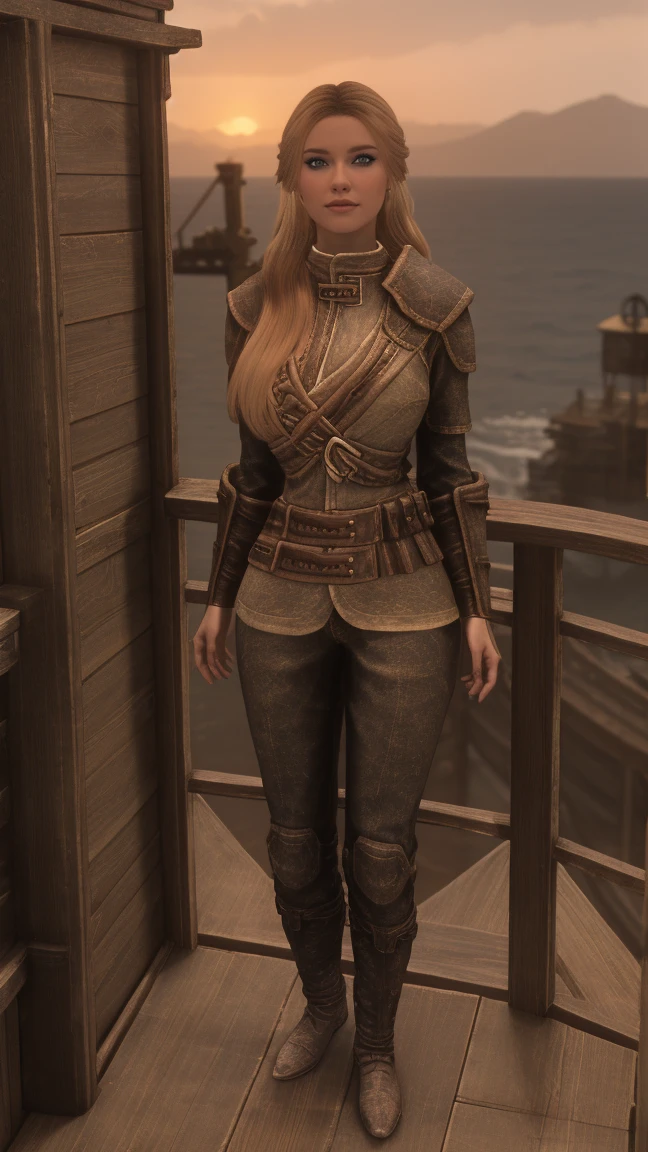 full body shot of a stunning female Breton maiden stands poised on the weathered deck of a majestic ship at sunset in Skyrim. Her porcelain skin glows softly, illuminated by the warm rays of the rising sun. Delicate features and raven tresses frame her enigmatic smile as she gazes out to sea, the wind gently tousling her locks, blonde hair,female breton