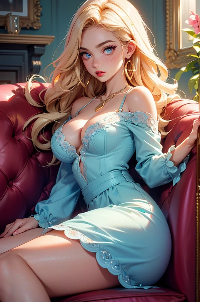 (Blonde stunning hair), (blue eyes), blue necklace, Golden earrings, Fit, Gorgeous Body, gorgeous, brown eyebrows, (two moles over lip), big pupils, (23 years old), 1girl,solo, complex skin, warm light, (large breasts), wide thighs, round butt, 5 fingers, ((blushing)), ((detailed face, best quality)), (masterpiece)), ((ultra-detailed)), (beautiful detailed eyes), red lip, eyeshadow, beautiful face, long hair, very detailed eyes, intricate details in eyes, perfect lips, good lighting, hot clothes, cleavage ((feet in frame, show feet)), five toes, in living room, pink couches