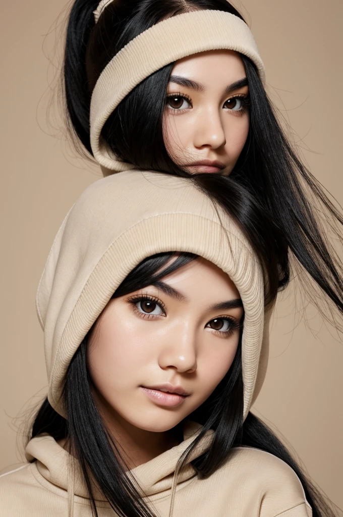 Create some emoticons of a girl with long black hair, dark eyes, thin face, white skin, beige sweatshirt, model, beautiful and fun