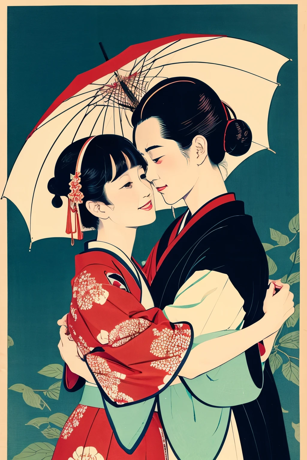 Ukiyo-e style Two people hugging