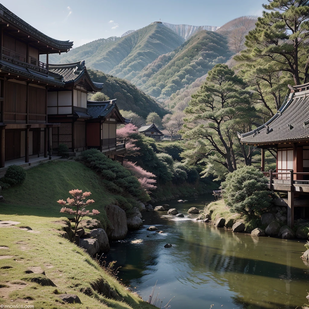 Landscape of feudal Japan, with samurai, et des geishas, in Ultra realistic 8K photo mode