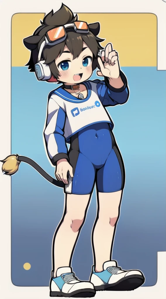 Two-dimensional boy，One-piece mountaineering suit，trumpet，Cow ears，Put the headphones on your head，stand up，goggles，sports shoes，Slim，Happy，Sailor collar