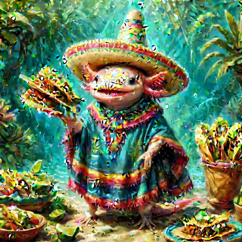 (masterpiece:1.5)  axomdel2, A happy axolotl wearing sombrero and poncho, with details of tacos EyeDetail-SDXL, fFaceDetail-SDXL, fHandDetail-SDXL, HairDetail-SDXL