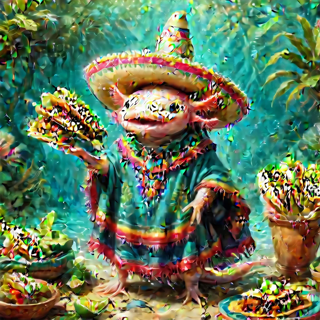 (masterpiece:1.5)  axomdel2, A happy axolotl wearing sombrero and poncho, with details of tacos EyeDetail-SDXL, fFaceDetail-SDXL, fHandDetail-SDXL, HairDetail-SDXL