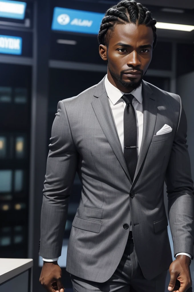 31 year old man from Congo, athletic body, black cornrow hair, calm, strong, in news studio, wearing gray business suit