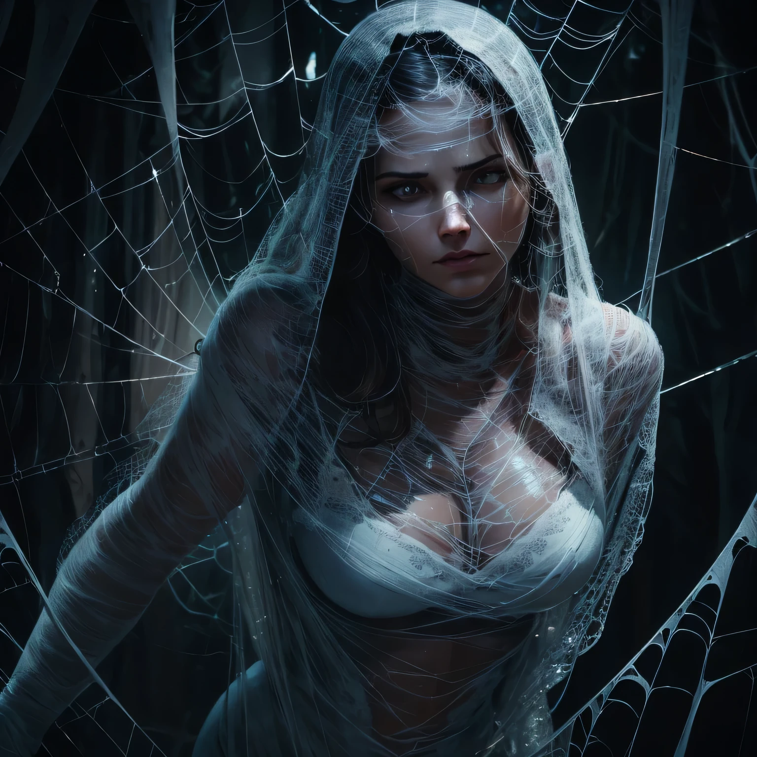 a woman trapped in a perfect spider's web, struggling to break free, detailed face, beautiful detailed eyes, incredibly detailed skin, intricate webbing, dramatic lighting, cinematic composition, dark mood, moody colors, chiaroscuro, digital painting, hyper-realistic, 8k, best quality, masterpiece