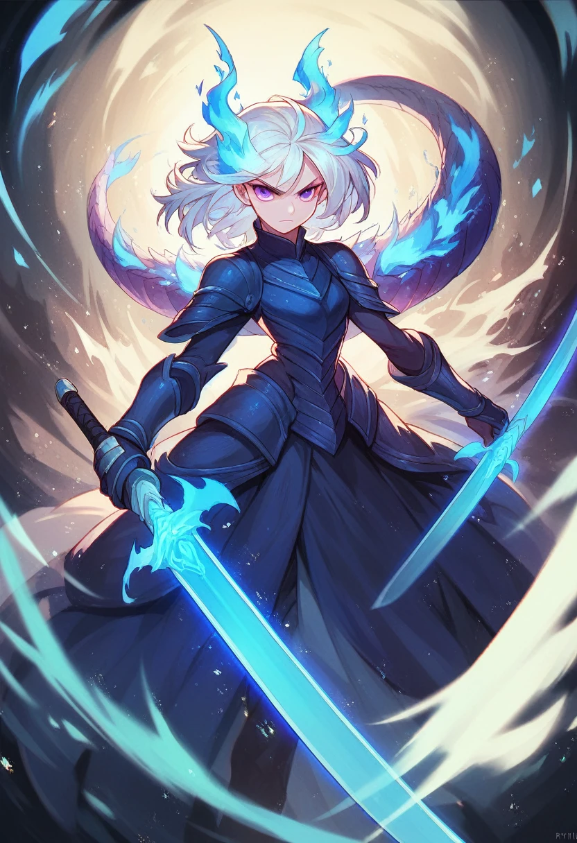colorful, 1girl, white hair, purple eyes, dual wielding, sword, holding blue scynth, blue flames, glow, glowing weapon, light particles, wallpaper, chromatic aberration,dragon Raja game character