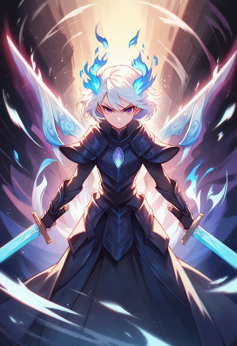 colorful, 1girl, white hair, purple eyes, dual wielding, sword, holding blue scynth, blue flames, glow, glowing weapon, light particles, wallpaper, chromatic aberration,dragon Raja game character