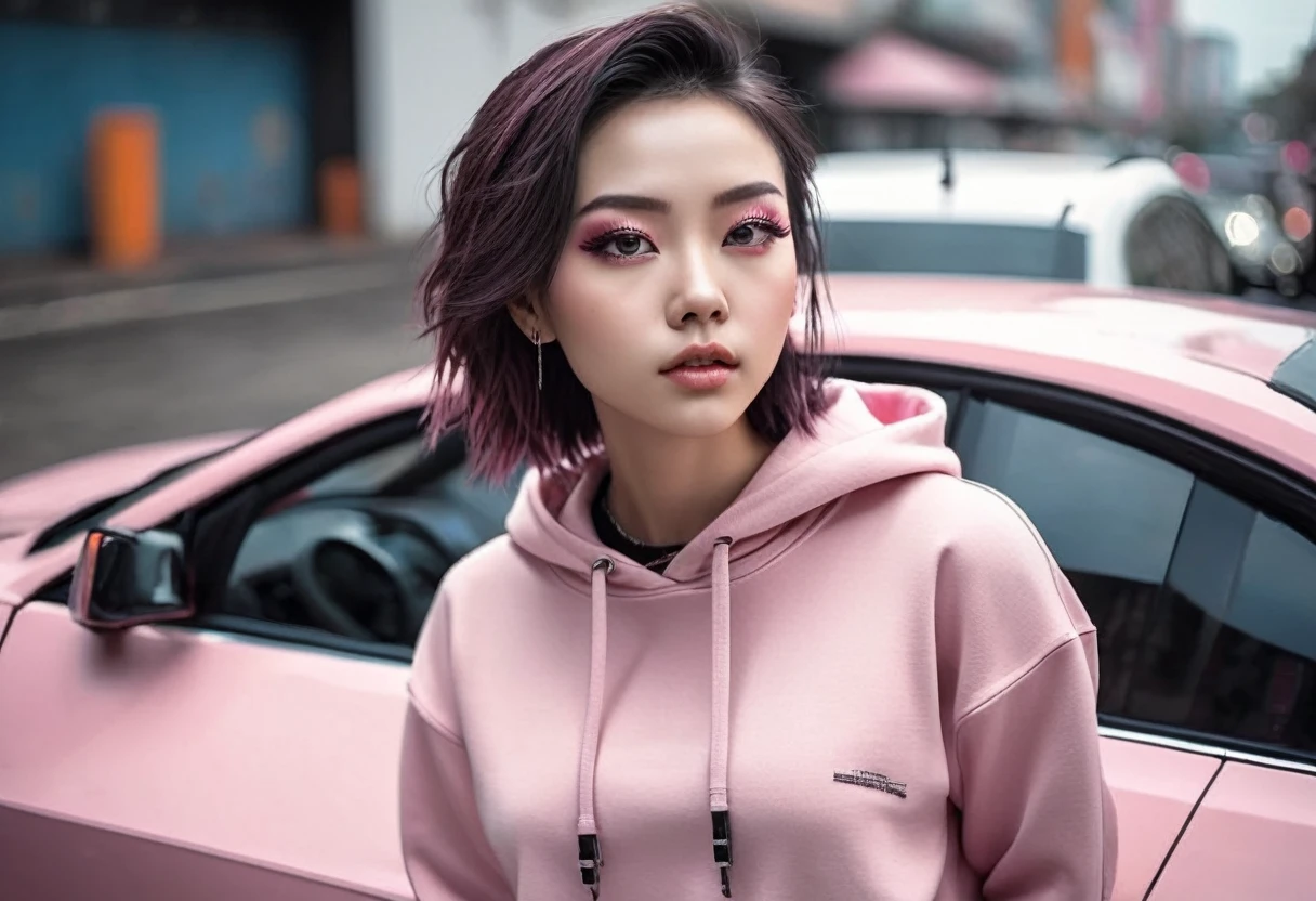 high angle photo of a gorgeous young woman in the style of cyberpunk, realistic skin texture, looks up,pink sweatshirt,posing on a car, 1 / 2 body crop, 8 5 mm art lens, f 1. 2, sharp focus, 8 k high definition, insanely detailed, intricate, elegant, art by stanley lau and cyberpunk