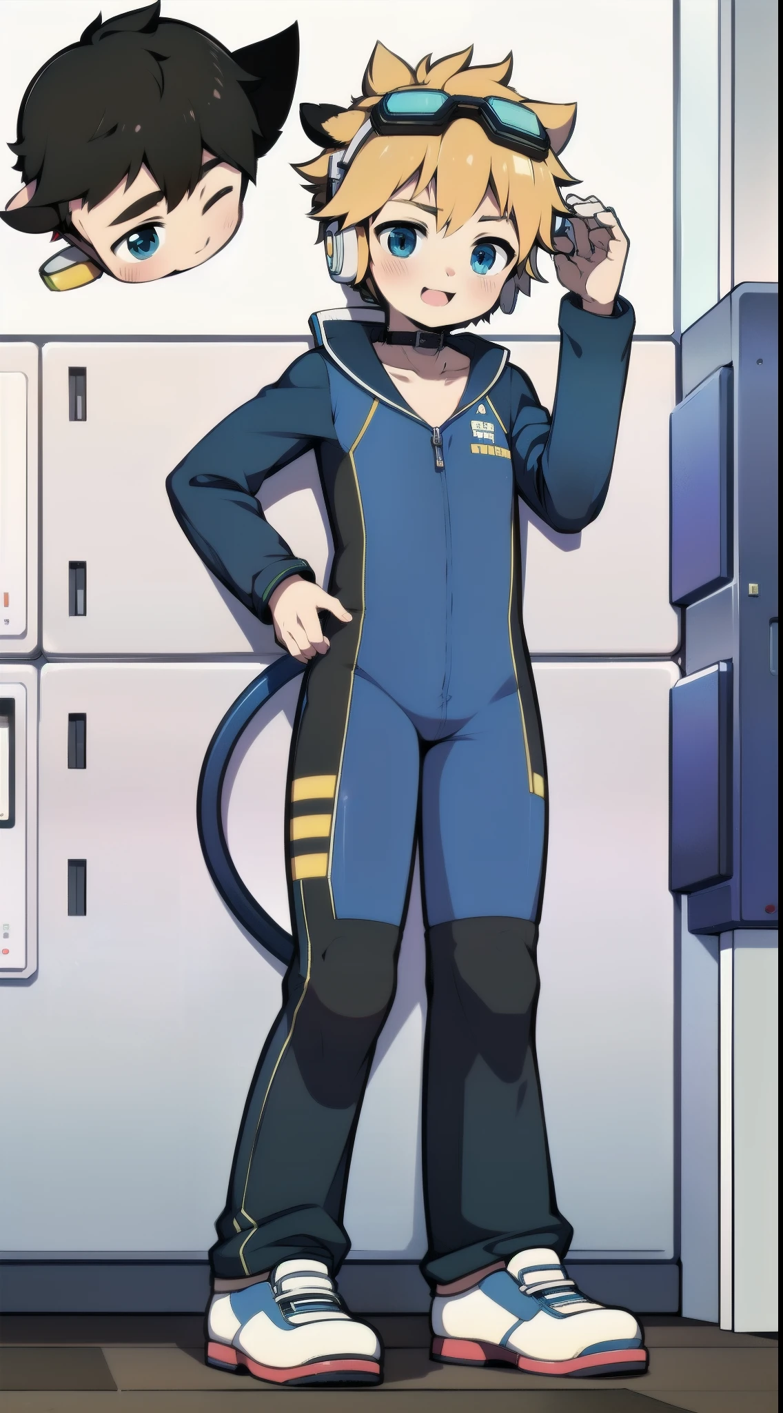 Two-dimensional boy，One-piece mountaineering suit，trumpet，Cow ears，Put the headphones on your head，stand up，goggles，sports shoes，Slim，Happy，Sailor collar