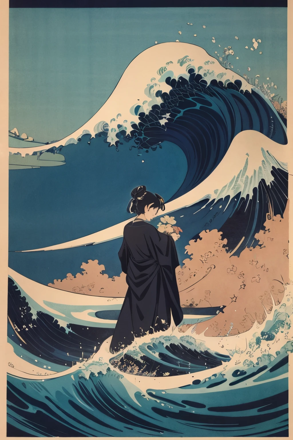 Hokusai&#39;s painting　Waves and Mt. Fuji　1 boat