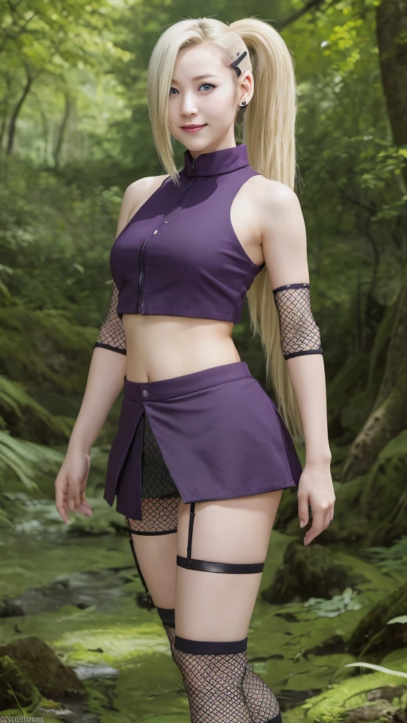 (masterpiece, Highest quality:1.2), alone, One girl, yamanaka ino, smile, View your viewers, Hair on one eye, ponytail, Hair Clip, Crop top, No sleeve, skirt, Fishnet tights, Earrings, abdomen, forest