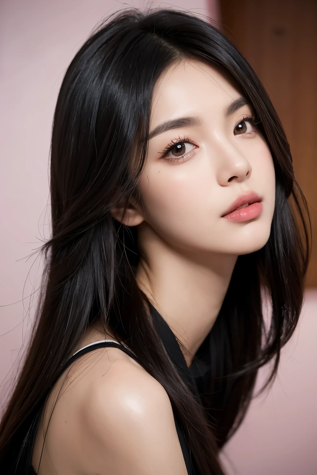 Bblack hair, pink mouth,a beautiful body of an idiot, slickedback hair, brown ophos,slanted eyes, large silia, lightbrown eyes