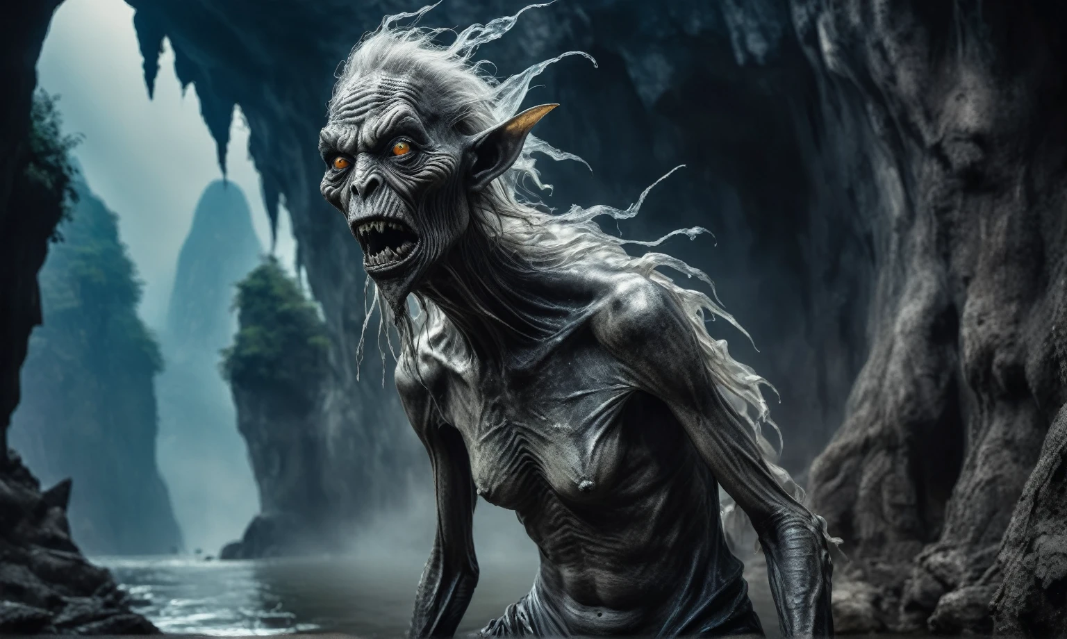 full body length shot,beggar graphite Manganite sparas, wants eat,survival in Korean city of future,Cinematic,soft colors, Technicolor,natural skin textures, hyper realism, hyper detailed,Extremely detailed,High contrast,Masterpiece,Realistic,Ultra Detailed, intricate details,realistic humid leather,extremely intricate,Epic Realistic, cinematic style,irina yermolova,high contrast,hdr,extremely detailed, [deep night landscape],masterpiece,intricate details,faded,eyes extremely detailed, high detailed eyes,16k resolution,RAW,retina, Nikon Z9,China,Songbird,orc,Li River in Guangxi Zhuang of China,tkt style, Pisces, pointed ears，perfect, ginger，transition between two art styles, Ink painting to photorealism, Double contact, X-ray, Creative, vivid light, masterpiece, fantasy, Abstract, Surrealism, super detailed, high resolution, stop:35,(((creature with a spectral and ghostly appearance)). Her skin is pale, almost translucent.strange wears dark, torn clothes that float around him, as if permeated by an aura of mourning. Its appearance is complemented by details such symbols of  gothic elements, further emphasizing its dark air. is portrayed as a haunted and tormented entity,{creature}