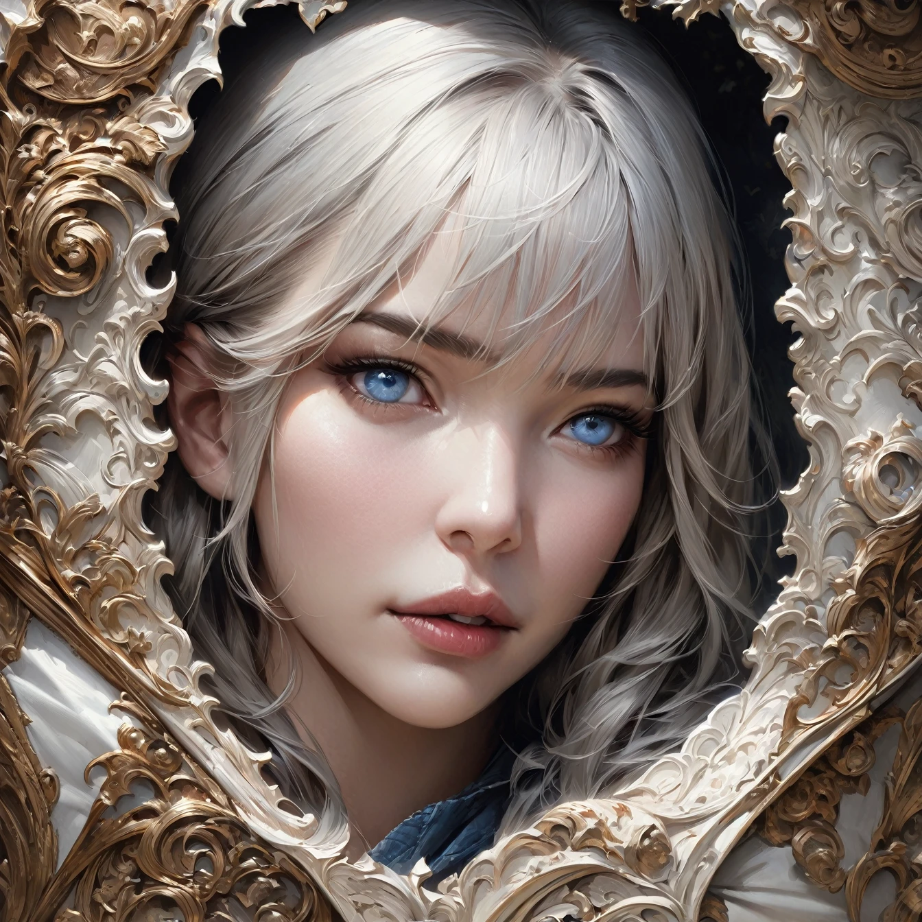 (masterpiece: 1.2, highest quality), Realistic, (Realistic Picture, Intricate details, Depth of written boundary), highest quality, masterpiece, Very detailed, Semi Realistic, Silver White Wolf, blue eyes, King's Clothes, Red Cape, Slim figure, A crown made of precious gold, Read the document, Document marking, Goose hair pen, Office Table, Soft bench, palace, palaceで, middle ages