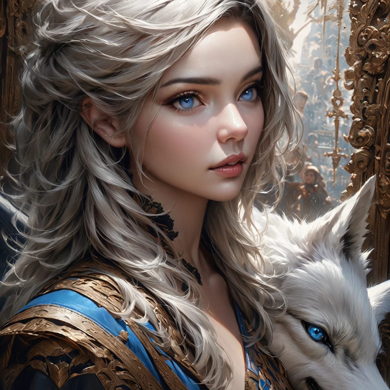 (masterpiece: 1.2, highest quality), Realistic, (Realistic Picture, Intricate details, Depth of written boundary), highest quality, masterpiece, Very detailed, Semi Realistic, Silver White Wolf, blue eyes, King&#39;s Clothes, Red Cape, Slim figure, A crown made of precious gold, Read the document, Document marking, Goose hair pen, Office Table, Soft bench, palace, palaceで, middle ages