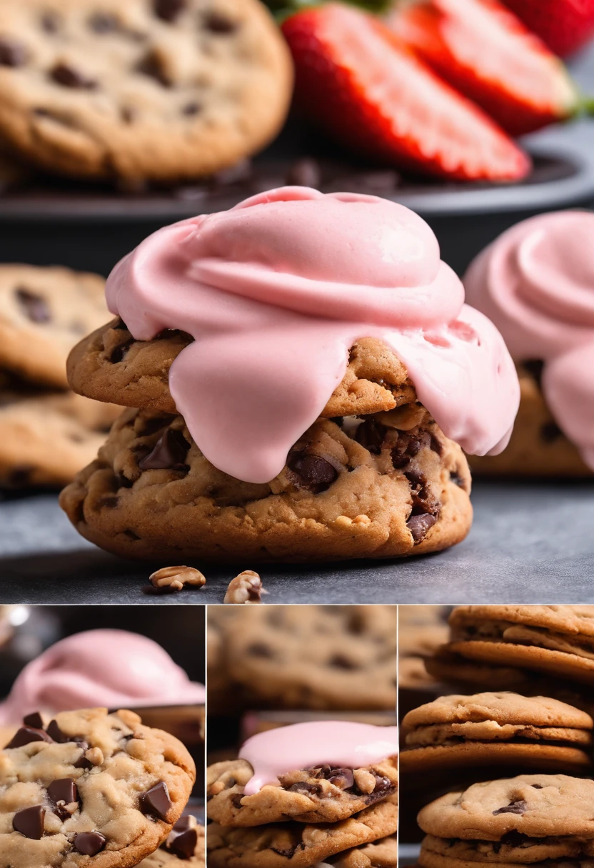 Cookie, Cookie cookie, chocolate, with strawberry ice cream, chocolate chip cookie with chocolate chips and walnuts, (cookie with strawberry ice cream por cima), realisitic, high resolution, 4K, scenario (not nature), Cookies de chocolate with strawberry ice cream, professional foto, best photographer in the world, grade, optical zoom