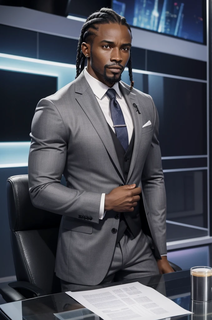 31 year old man from Congo, athletic body, goatee, black cornrow hair, calm, strong, in news studio, wearing gray business suit