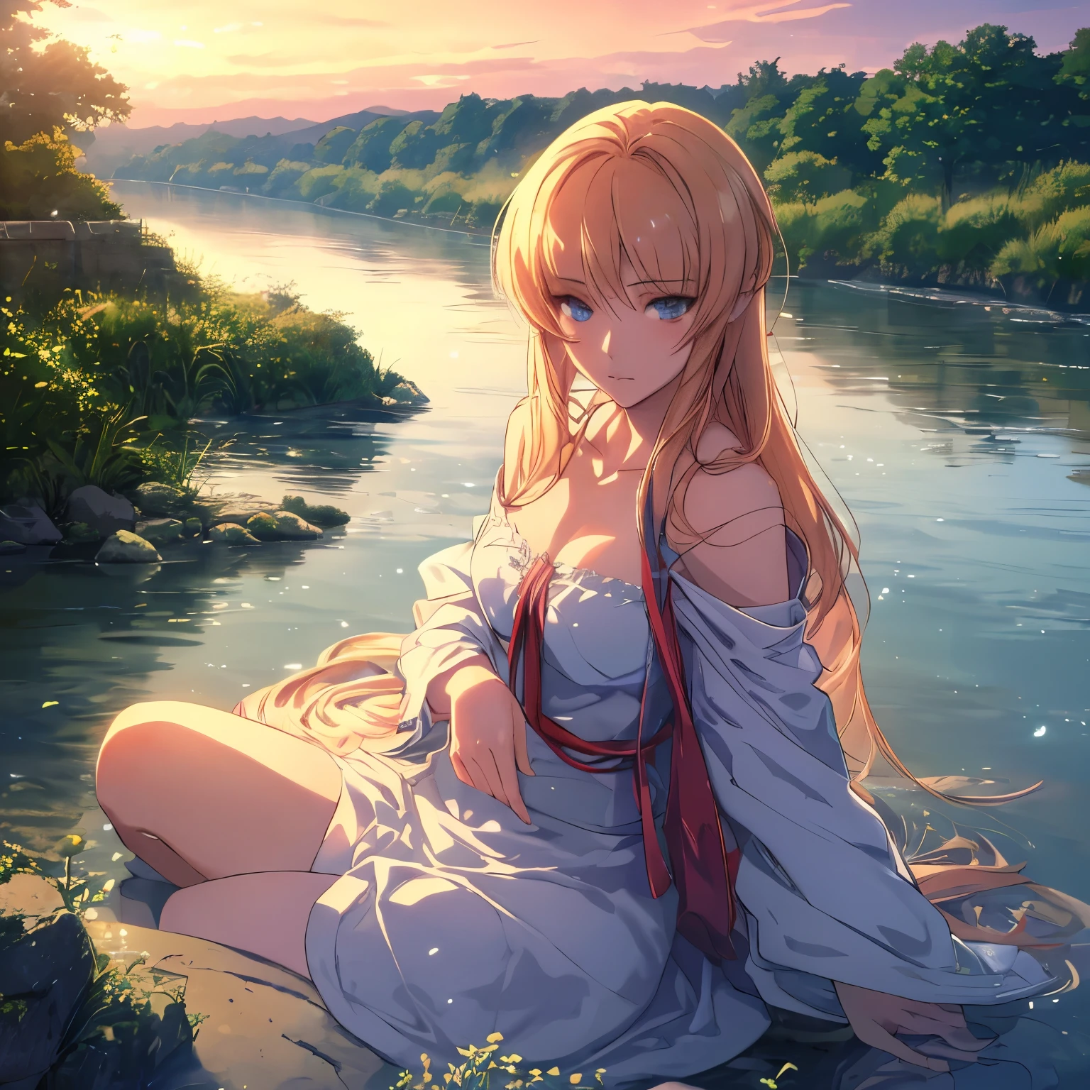 ‪ (masterpiece, 8K, Absurd, Digital Art, Digital Illustration, Realistic, Very detailed, Realistic lighting), (Perfect Face, Perfect Eyes, Perfect body), male,1 person, 20th Generation，Meditation by the river, Sitting cross-legged, evening, Foreground with river in the background, Low Angle, Golden sunset light, Calm character face, smooth and soft, Quiet and reflective, Anime Style, Fascinating anime, Pixiv Fan Art, Attention to detail; masterpiece;