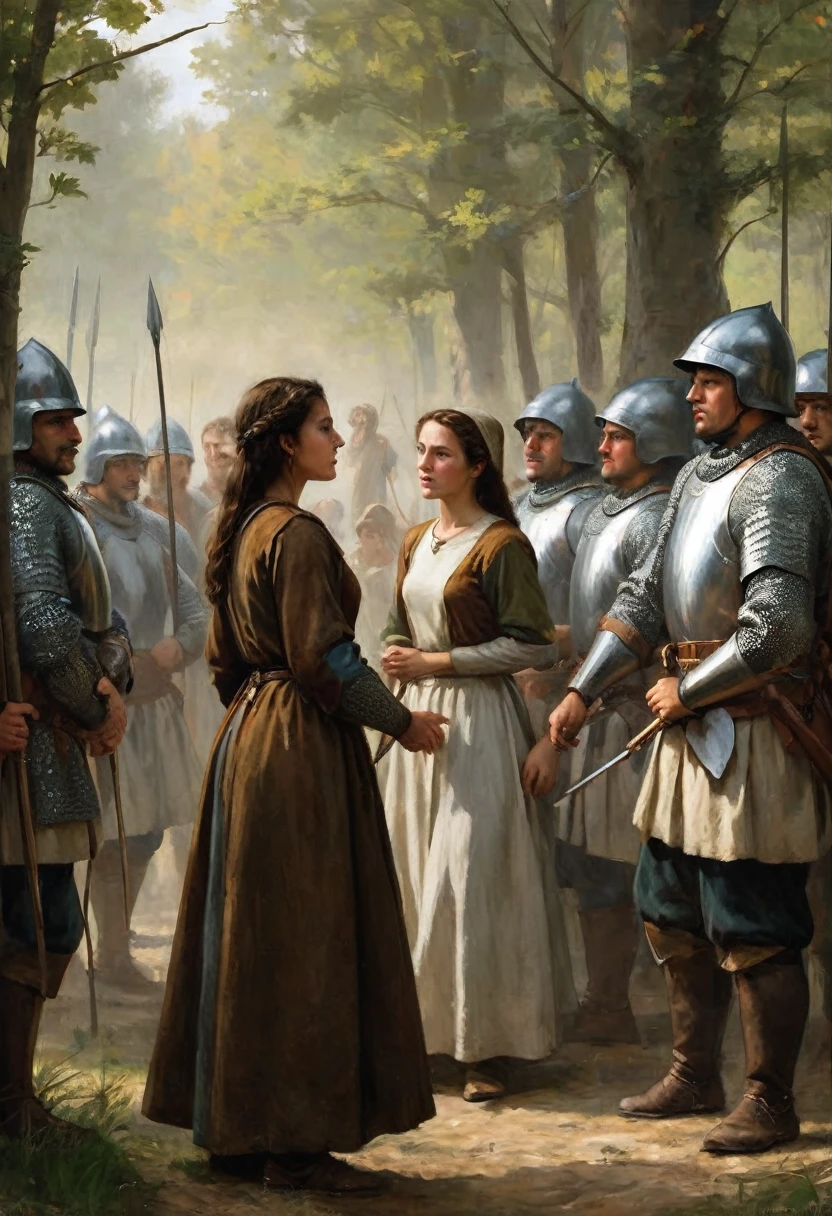 "Create an image that portrays a fascinating encounter between a young peasant girl from the Middle Ages, dressed in an authentic brown tunic, and a group of soldiers also from the Middle Ages, dressed in chain mail and holding spears in their hands. The young woman should be in the center of the scene, while the soldiers surround her in an attitude of attention. It is crucial that the representation be anatomically correct, without details of deformity or malformations. The image must be clear, without blurs or distortions. The young woman's clothing and the soldiers should accurately reflect the authenticity of the medieval period. The background could be set in an appropriate environment, perhaps a clearing in the forest or some other characteristic setting of the Middle Ages. Use appropriate and realistic tones to highlight the seriousness of this encounter. Leave room for creativity to express the intriguing story behind this medieval encounter, ensuring that every detail is a flawless work of art!"