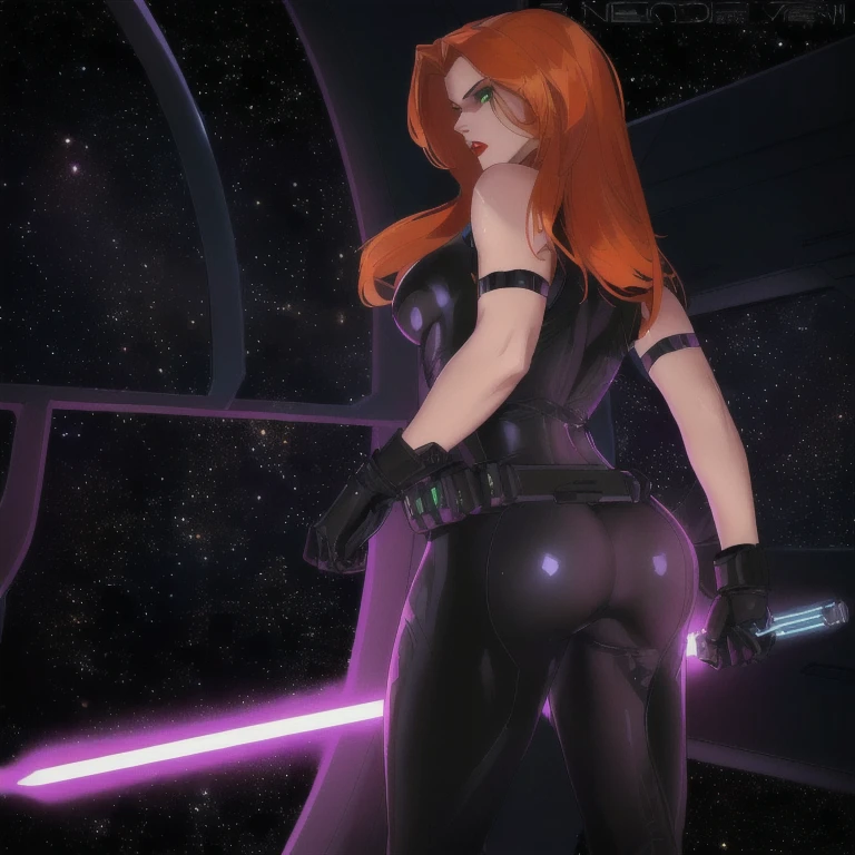 (best quality,8k:1.2,high resolution:1.2), dramatic pose, dynamic action, glowing lights, neon colors, cinematic lighting, photorealistic, 8k, best quality, masterpiece, ultra-detailed, physically-based rendering, ultra-detailed, vintage science fiction, Star Wars based environment, extremely detailed face, long eyelashes, (Mara Jade), Mara Jade Skywalker, long orange hair, bright green eyes, red lipstick, attractive body, athletic figure, bubble butt, round ass. She's looking at the camera with a disgusted and irritated expression, mouth closed, teeth, looking from behind, body facing the window. ((Wearing: a black leather suit, the suit is shiny and glossy, the suit is so tight that it perfectly highlights the shape of Mara Jades figure and ass. Brown leather straps, black gloves)). Upper body shot, back view, ass view. She holding a purple lightsaber. Background: Indoors, space station, window, view of outer space, stars
