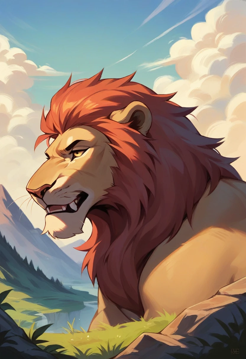 Lion on the mountain looking at the sky