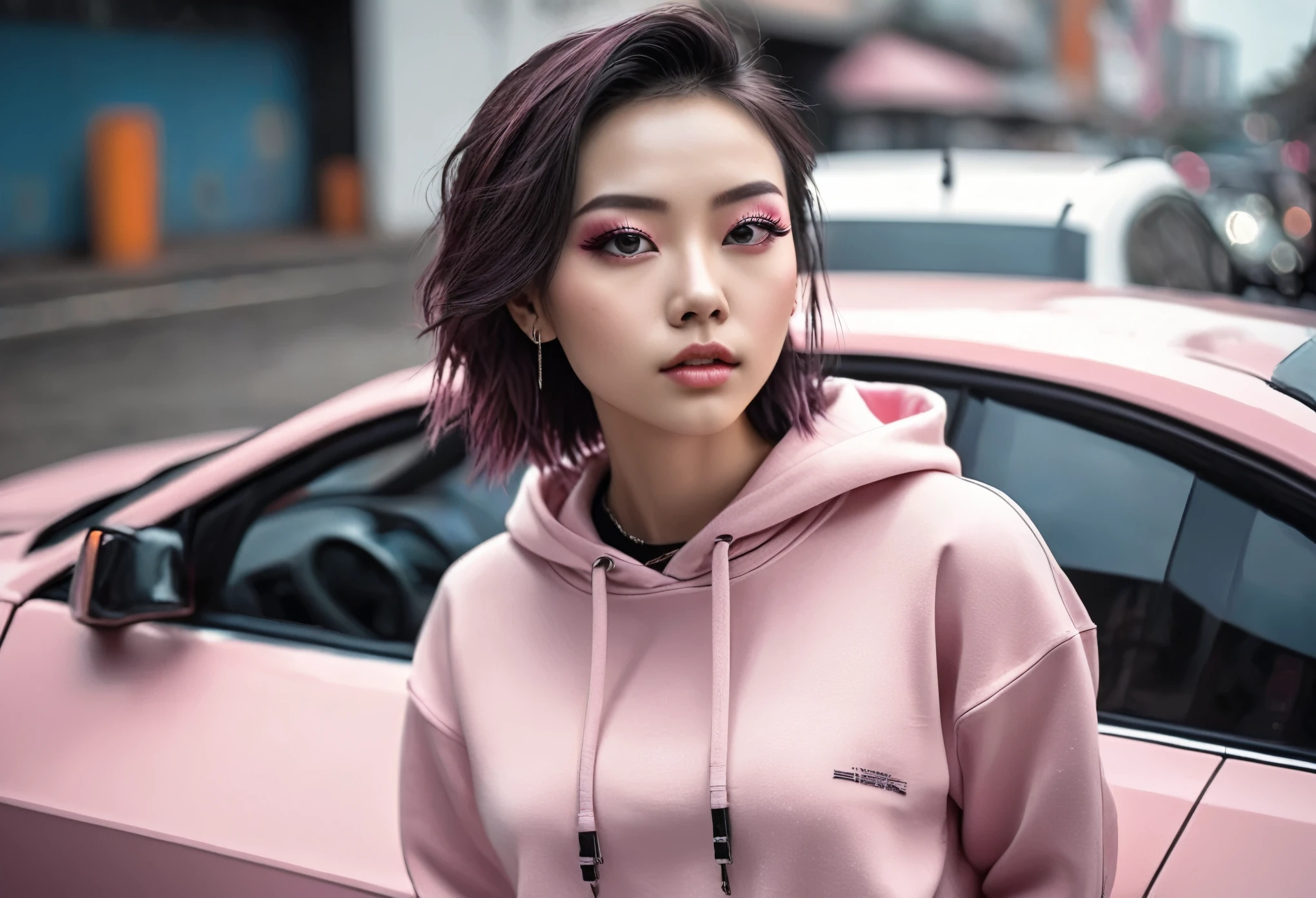 high angle photo of a gorgeous young woman in the style of cyberpunk, realistic skin texture, looks up,pink sweatshirt,posing on a car, 1 / 2 body crop, 8 5 mm art lens, f 1. 2, sharp focus, 8 k high definition, insanely detailed, intricate, elegant, art by stanley lau and cyberpunk