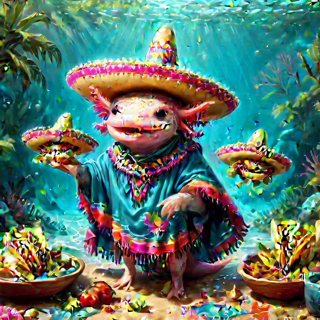 (masterpiece:1.5) axomdel2, A happy axolotl wearing sombrero and poncho, with details of tacos EyeDetail-SDXL, fFaceDetail-SDXL, fHandDetail-SDXL, HairDetail-SDXL