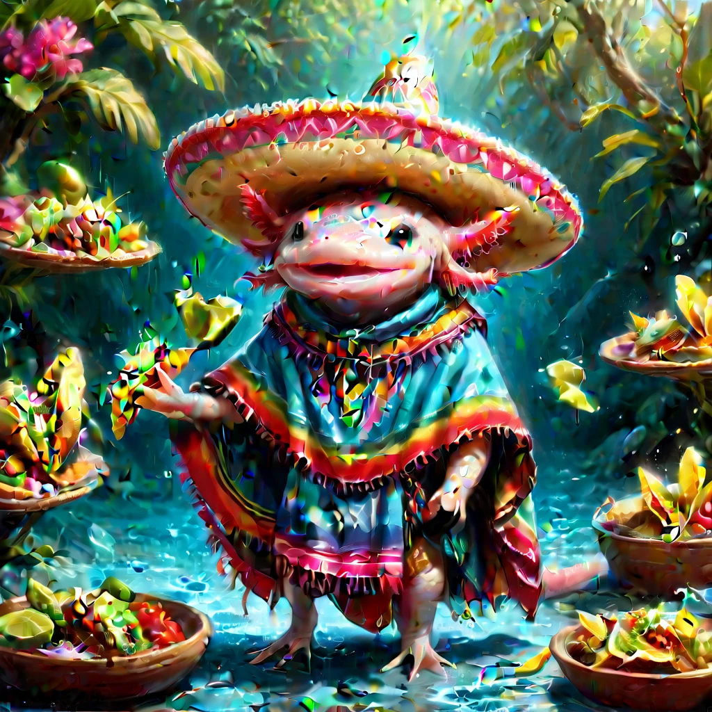 (masterpiece:1.5) axomdel2, A happy axolotl wearing sombrero and poncho, with details of tacos EyeDetail-SDXL, fFaceDetail-SDXL, fHandDetail-SDXL, HairDetail-SDXL