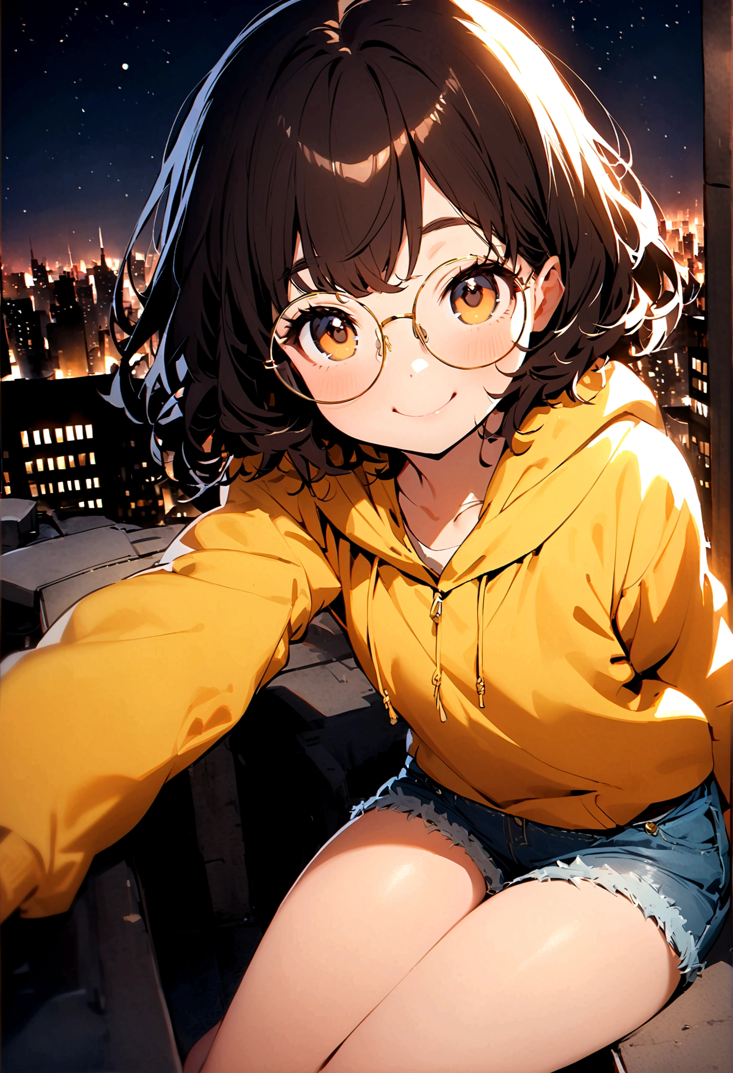 1 age girl, (black hair, brown hair, wavy hair, medium Bob Hair,) chubby cheeks, retro round eyeglasses, (gentle smile, kind smile, radiates warmth, kindness), (radiates warmth, kindness, hapiness, joy) (Beautiful brown eyes with flecks of gold). pastel yellow hoodie, ((two legs, chubby thighs), long jean shorts, long blue jean shorts). (Rooftop, night, NYC), (sitting side view, looking at you pov).