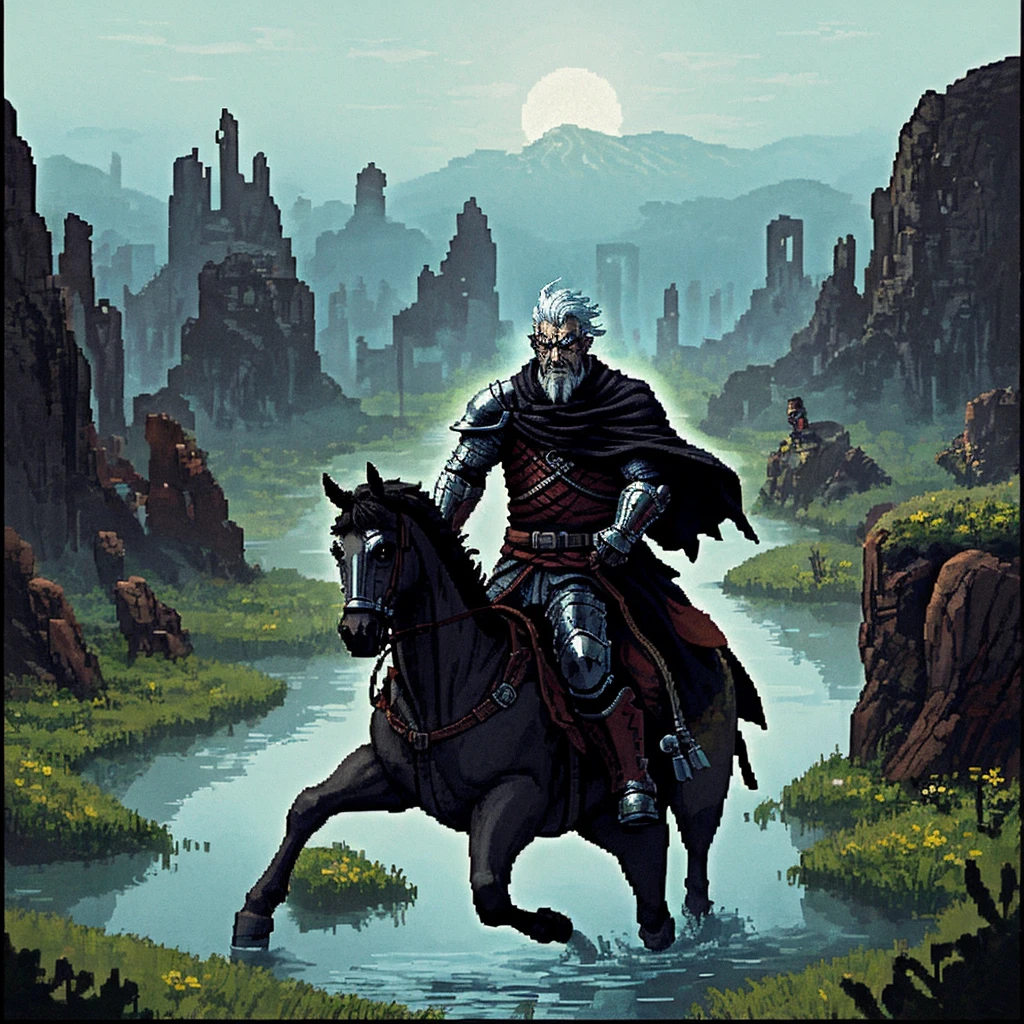 (Pixel art: 1.2), firm stance, combat stance, Focus on (Middle Earth, Knight charging into battle on black horse, wielding a sword and dressed in a black cloak with left shoulder armor, Don, Short, Solid, Diamond-shaped face, Light complexion, platinum white hair, red eyes with white flecks, narrow nose, full lips, receding chin, extended goatee, shoulder length, side part, a desert city, Tolkien) fighting (Beholder) , in a mystical swamp, where will-o'-the-wisps lead travelers