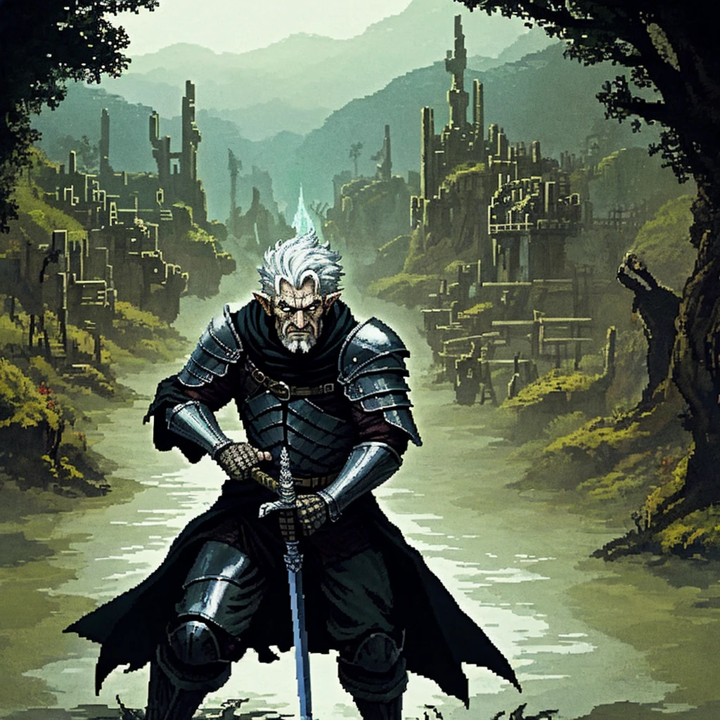 (Pixel art: 1.2), firm stance, combat stance, Focus on (Middle Earth, Knight charging into battle on black horse, wielding a sword and dressed in a black cloak with left shoulder armor, Don, Short, Solid, Diamond-shaped face, Light complexion, platinum white hair, red eyes with white flecks, narrow nose, full lips, receding chin, extended goatee, shoulder length, side part, a desert city, Tolkien) fighting (Beholder) , in a mystical swamp, where will-o'-the-wisps lead travelers