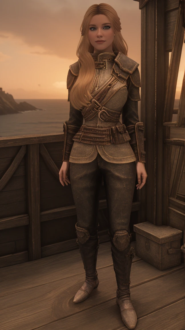 full body shot of a stunning female Breton maiden stands poised on the weathered deck of a majestic ship at sunset in Skyrim. Her porcelain skin glows softly, illuminated by the warm rays of the rising sun. Delicate features and raven tresses frame her enigmatic smile as she gazes out to sea, the wind gently tousling her locks, blonde hair,female breton
