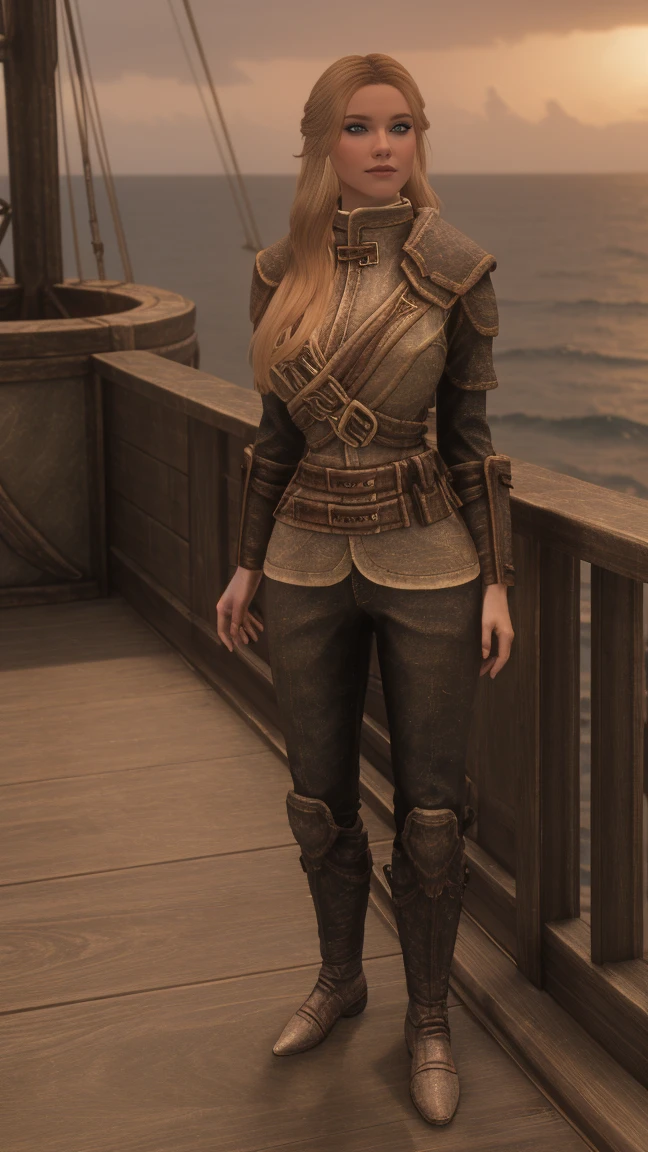 full body shot of a stunning female Breton maiden stands poised on the weathered deck of a majestic ship at sunset in Skyrim. Her porcelain skin glows softly, illuminated by the warm rays of the rising sun. Delicate features and raven tresses frame her enigmatic smile as she gazes out to sea, the wind gently tousling her locks, blonde hair,female breton