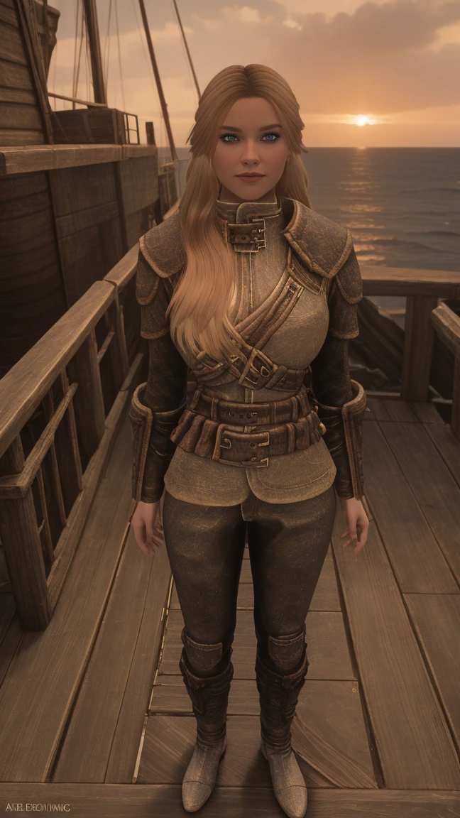 full body shot of a stunning female Breton maiden stands poised on the weathered deck of a majestic ship at sunset in Skyrim. Her porcelain skin glows softly, illuminated by the warm rays of the rising sun. Delicate features and raven tresses frame her enigmatic smile as she gazes out to sea, the wind gently tousling her locks, blonde hair,female breton