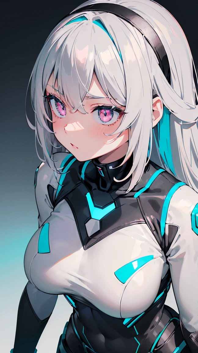 high resolution, (masterpiece), 4k, (high detail), portrait, ((from above)), (upper body), ((1girl)), teen, ((detailed waist length light_gray_hair)), (black_hairband), ((pink_eyes with blue tint)), ((teal_colored_pupils)), fair skin, athletic, (b-cup breasts), (((futuristic skin_tight_bodysuit with armor plating and white and black color theme))), heroic pose, (determined expression), (glare), standing, ashy background, fire, night time, full moon