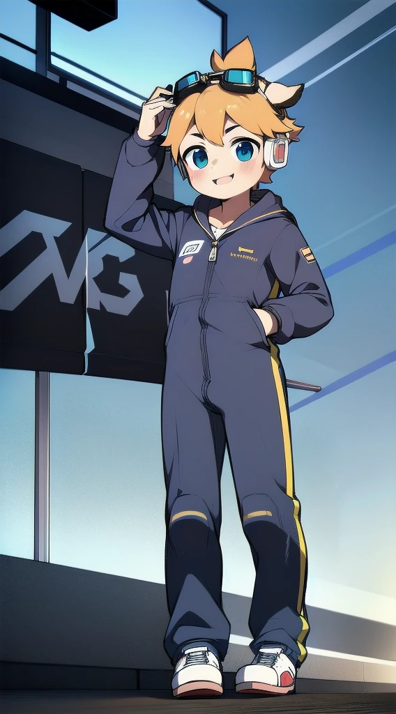 Two-dimensional boy,One-piece mountaineering suit,trumpet,Cow ears,Put the headphones on your head,stand up,goggles,sports shoes,Slim,Happy,Sailor collar