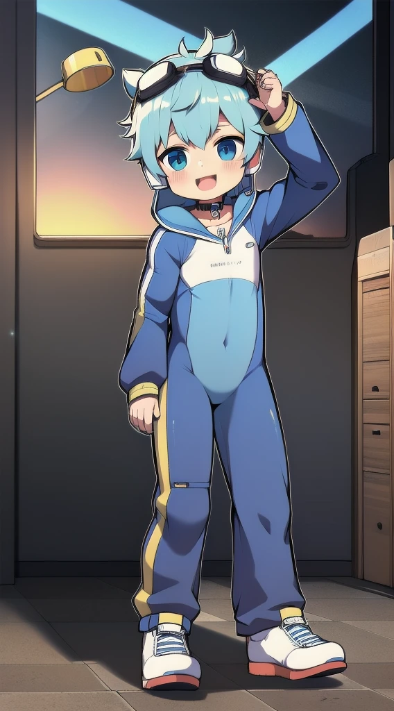 Two-dimensional boy,One-piece mountaineering suit,trumpet,Cow ears,Put the headphones on your head,stand up,goggles,sports shoes,Slim,Happy,Sailor collar