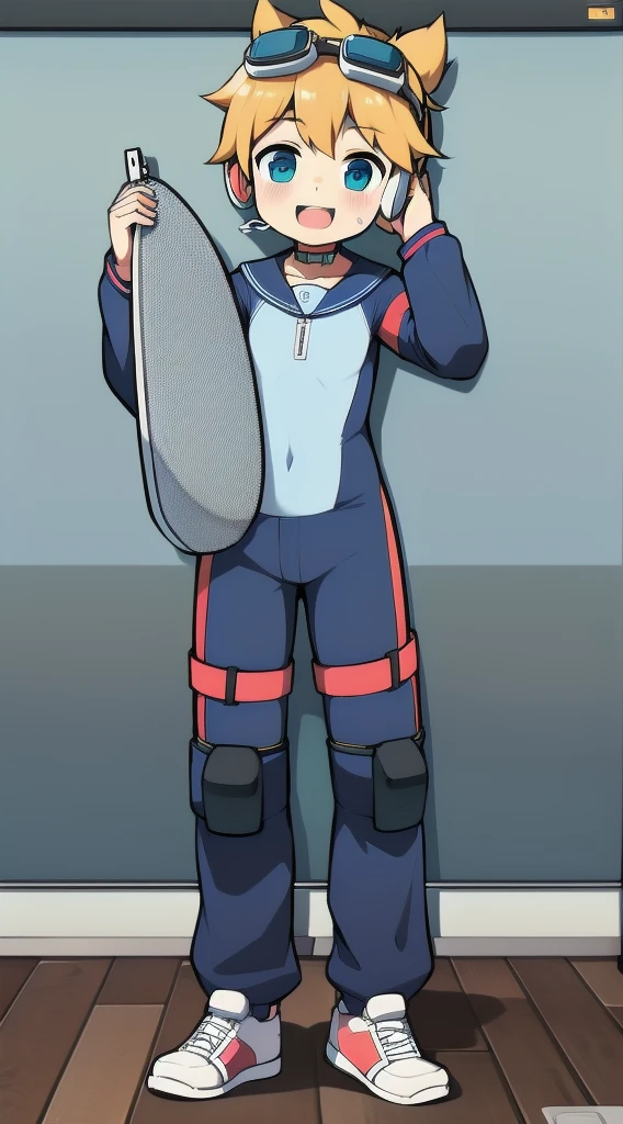 Two-dimensional boy,One-piece mountaineering suit,trumpet,Cow ears,Put the headphones on your head,stand up,goggles,sports shoes,Slim,Happy,Sailor collar