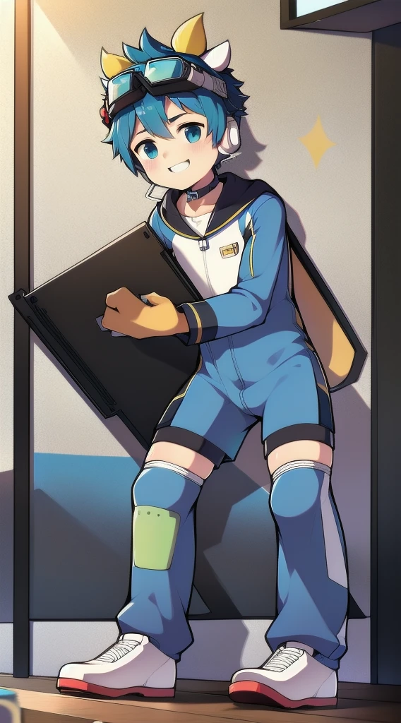 Two-dimensional boy,One-piece mountaineering suit,trumpet,Cow ears,Put the headphones on your head,stand up,goggles,sports shoes,Slim,Happy,Sailor collar