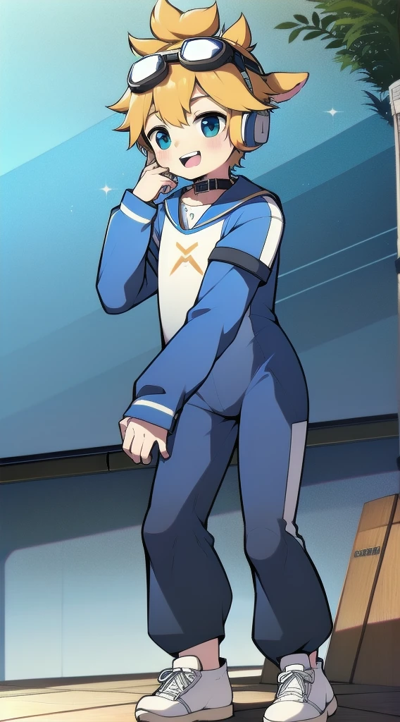 Two-dimensional boy,One-piece mountaineering suit,trumpet,Cow ears,Put the headphones on your head,stand up,goggles,sports shoes,Slim,Happy,Sailor collar