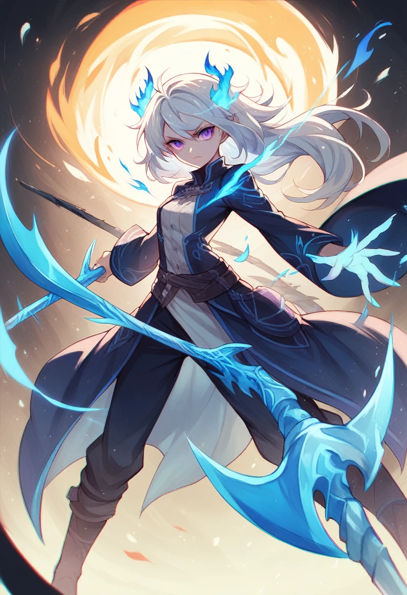 colorful, 1girl, white hair, purple eyes, dual wielding, scythe, holding blue scythe, blue flames, glow, glowing weapon, light particles, wallpaper, chromatic aberration,dragon Raja game character