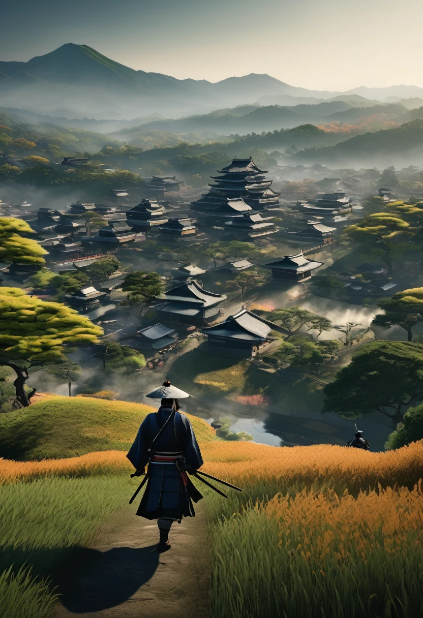 Landscape of feudal Japan, with samurai, in Ultra realistic 8K photo mode