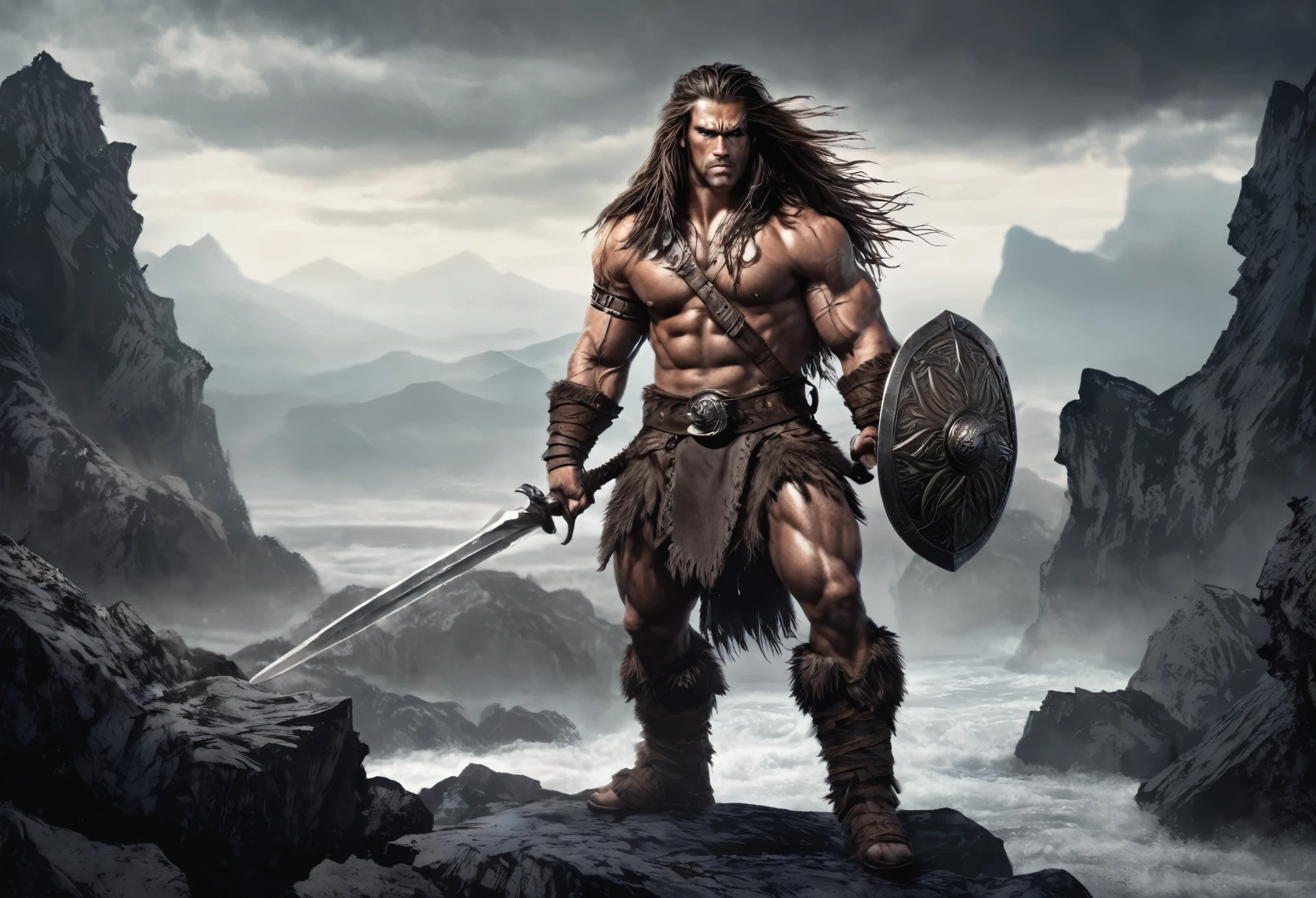 a muscular male barbarian warrior, long hair, carrying a sword, in a rugged fantasy landscape, cinematic dramatic lighting, dark moody colors, highly detailed, intricate textures, photorealistic, digital painting