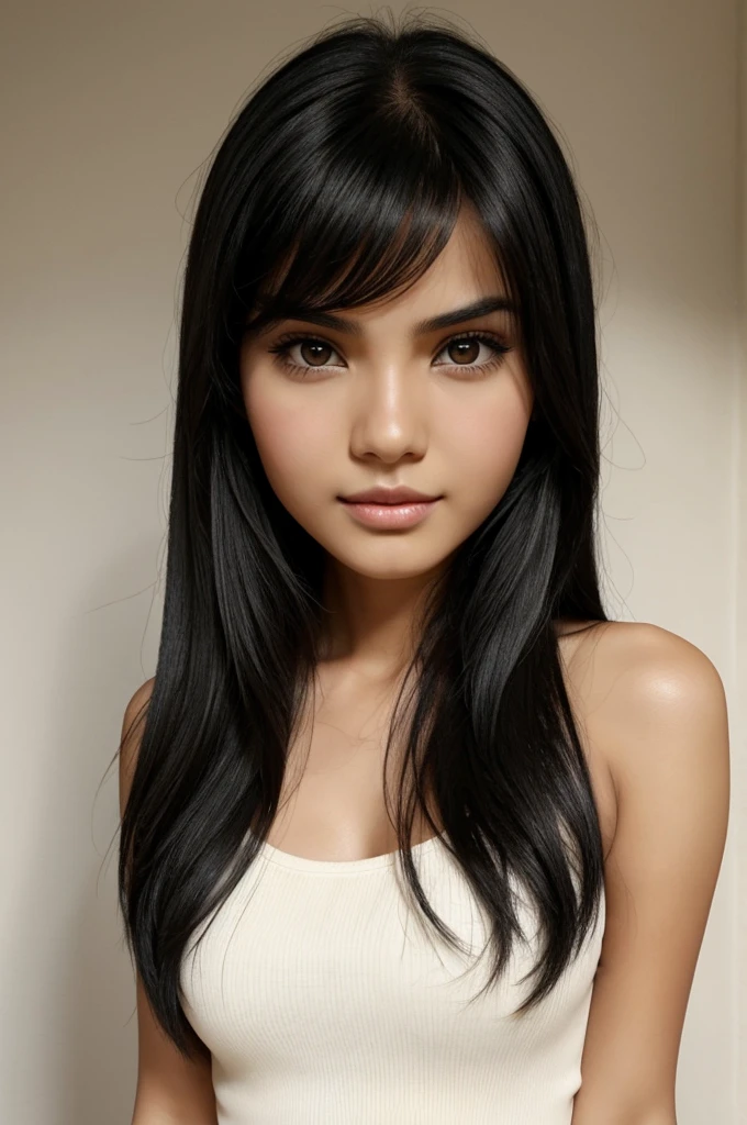 Create some emoticons of a Latin girl, long black hair, dark eyes, penetrating gaze, oval face, white skin, beige top, model, beautiful and fun