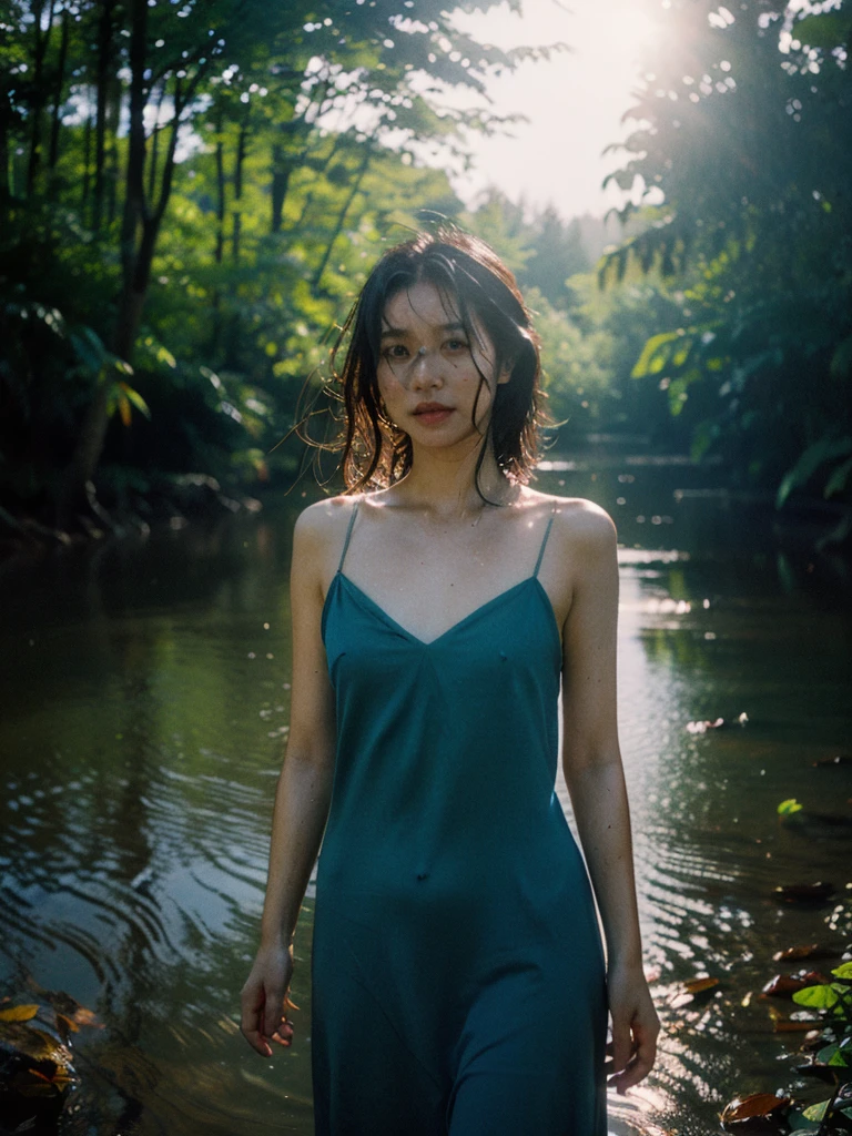 Best quality, ultra highly res, Realistic Fashion photography in the dark swamps from a young pretty uzbek women dancing between floating of leaves, soaking wet and submarged with water, wearing transparent nightdress, hair blowing in the wind, sunlight exposure, dynamic shadow on the face, cinematic lighting, proportional composition, perfect face and eyes, motion blur effect, cinematic aesthetics photography inspired by annie leibovitz